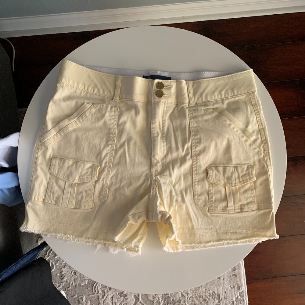 Yellow Democracy stretch shorts Sz 16